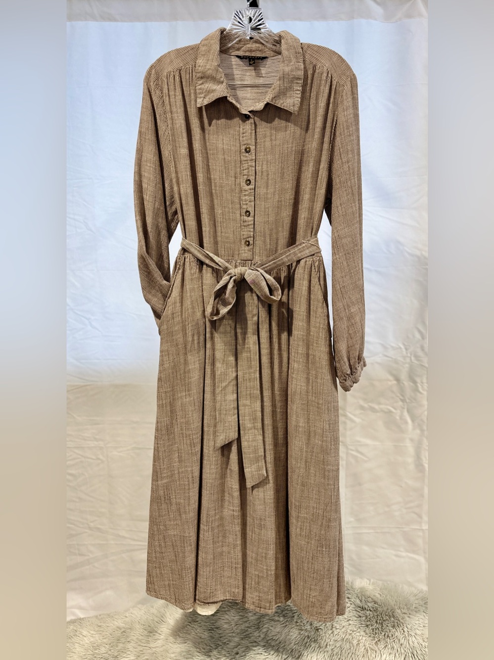 Downeast Women's Long Sleeve Button-Front Shirt Dress in Brown and Cream Stripes